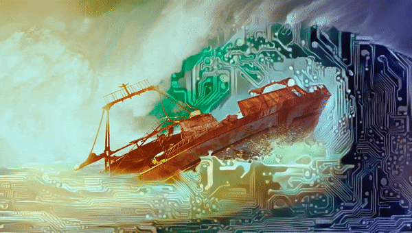 An animated woodcut of a sailing ship pitching in a storm.
